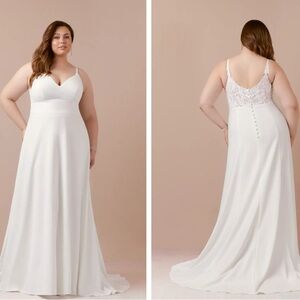 NWT Azazie Xena Diamond White A-Line V-Neck Sequins Stretch Crepe Wedding Dress